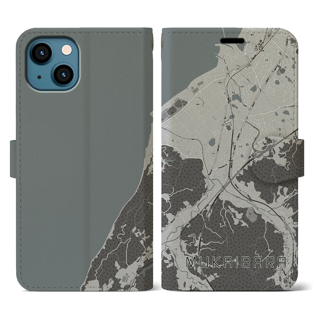 【向井原(愛媛県)】地図柄iPhoneケース(手帳タイプ)モノトーン・iPhone 13 用