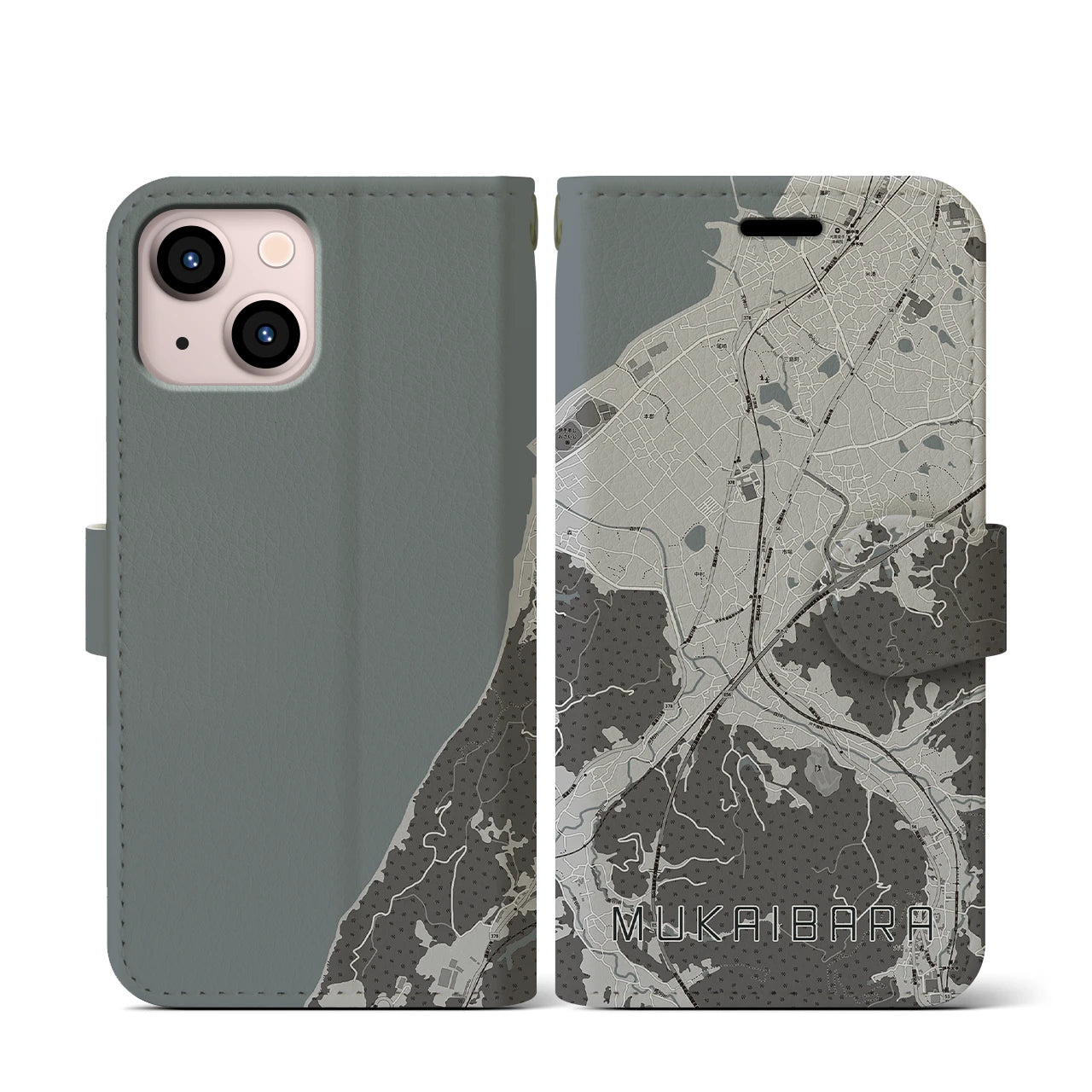 【向井原(愛媛県)】地図柄iPhoneケース(手帳タイプ)モノトーン・iPhone 13 mini 用