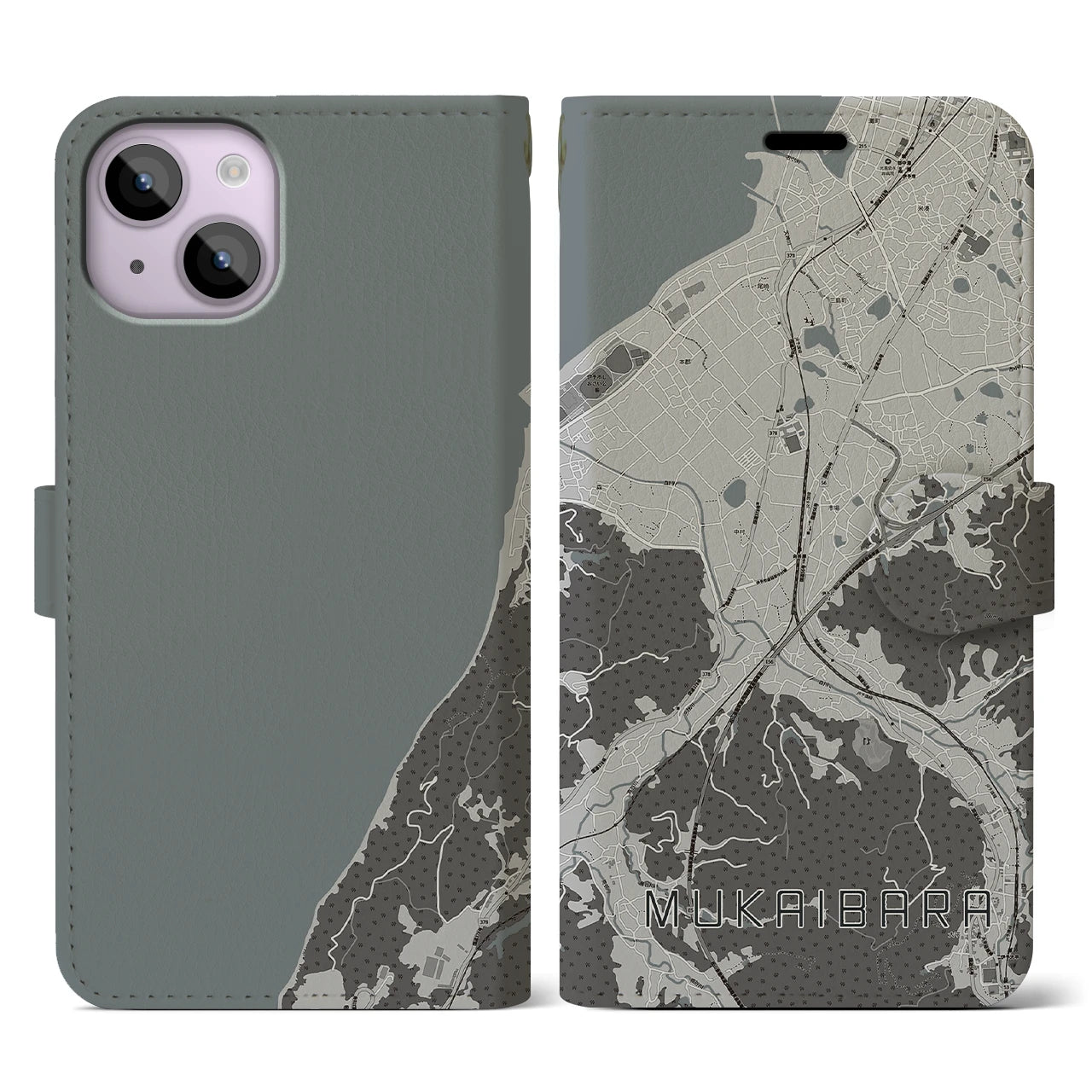 【向井原(愛媛県)】地図柄iPhoneケース(手帳タイプ)モノトーン・iPhone 14 用