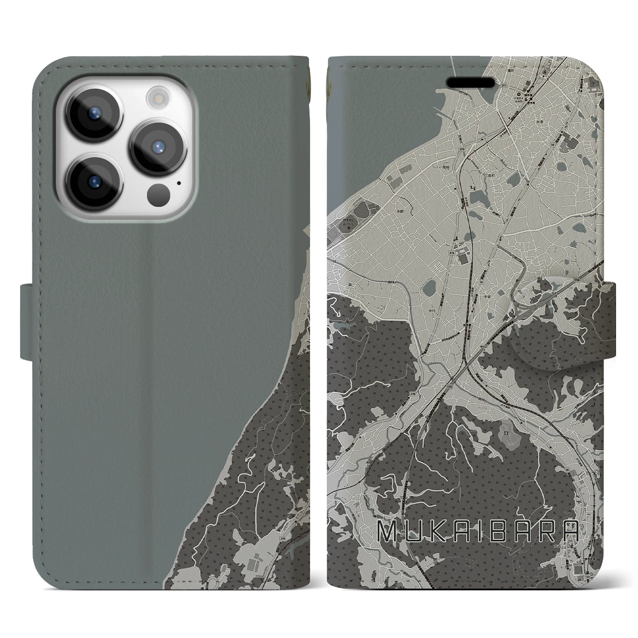 【向井原(愛媛県)】地図柄iPhoneケース(手帳タイプ)モノトーン・iPhone 14 Pro 用