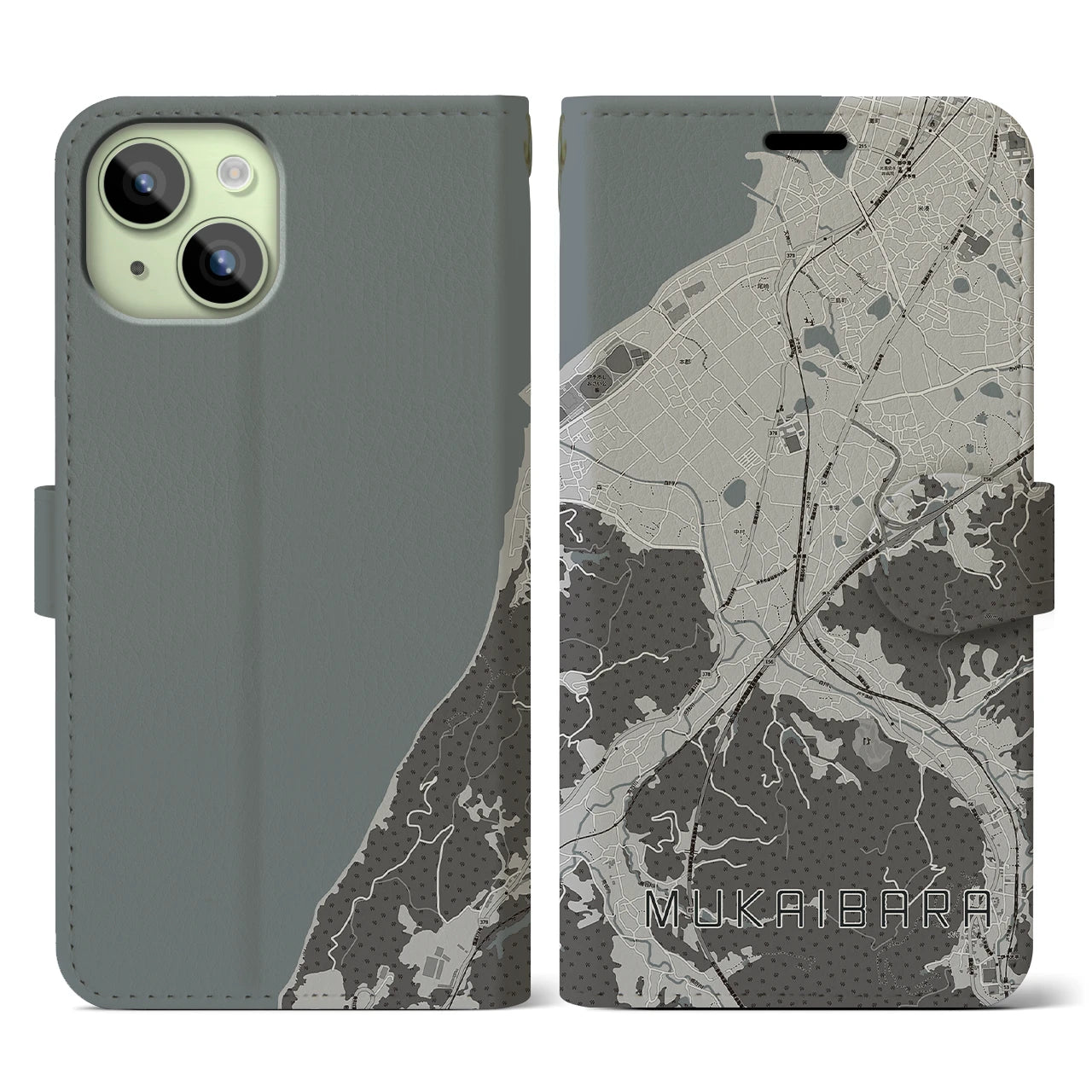 【向井原(愛媛県)】地図柄iPhoneケース(手帳タイプ)モノトーン・iPhone 15 用