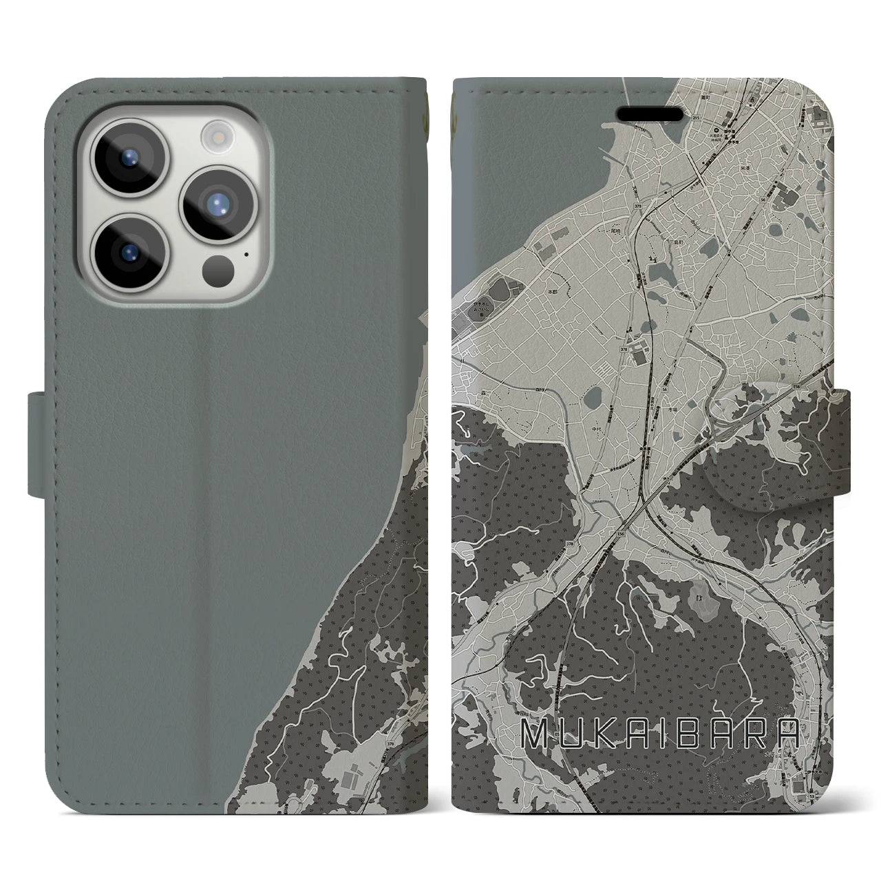 【向井原(愛媛県)】地図柄iPhoneケース(手帳タイプ)モノトーン・iPhone 15 Pro 用