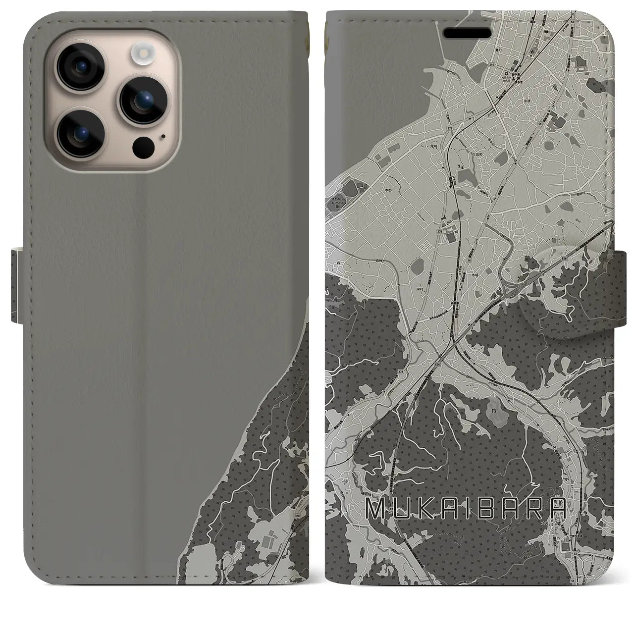【向井原(愛媛県)】地図柄iPhoneケース(手帳タイプ)モノトーン・iPhone 16 Plus 用