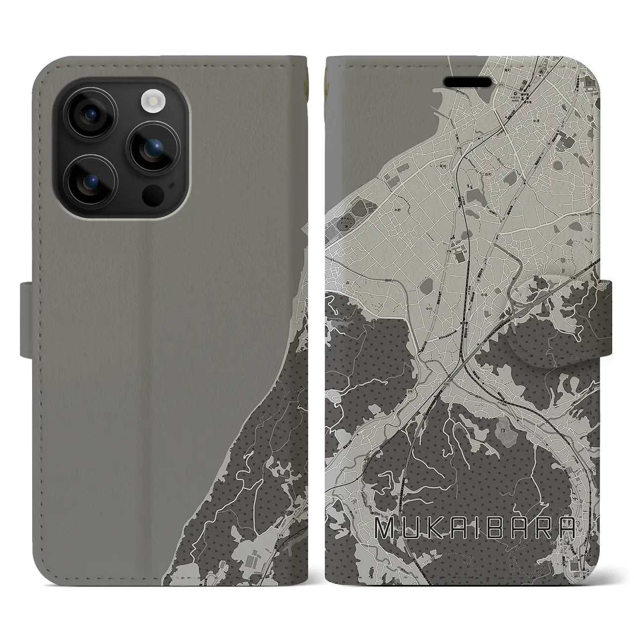 【向井原(愛媛県)】地図柄iPhoneケース(手帳タイプ)モノトーン・iPhone 16 用