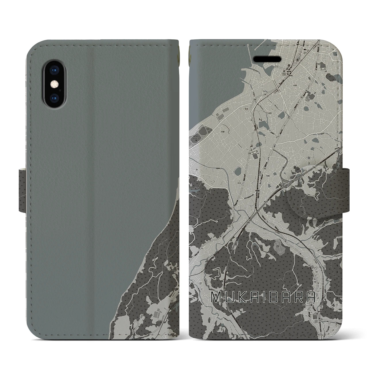【向井原(愛媛県)】地図柄iPhoneケース(手帳タイプ)モノトーン・iPhone XS / X 用