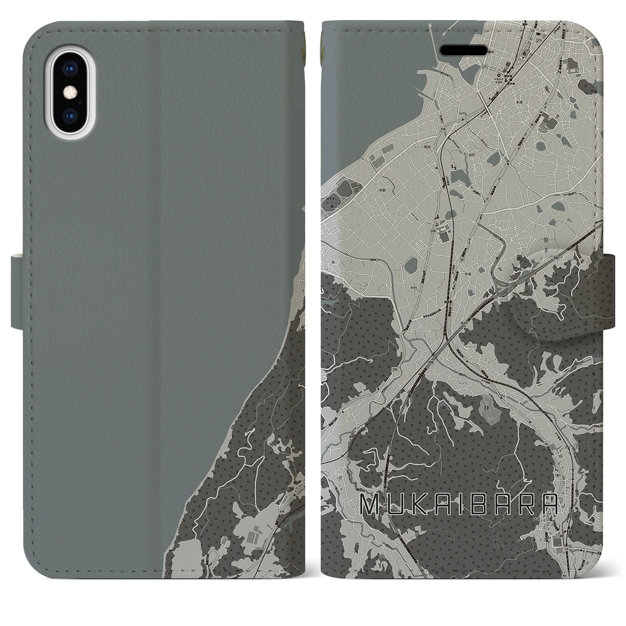 【向井原(愛媛県)】地図柄iPhoneケース(手帳タイプ)モノトーン・iPhone XS Max 用