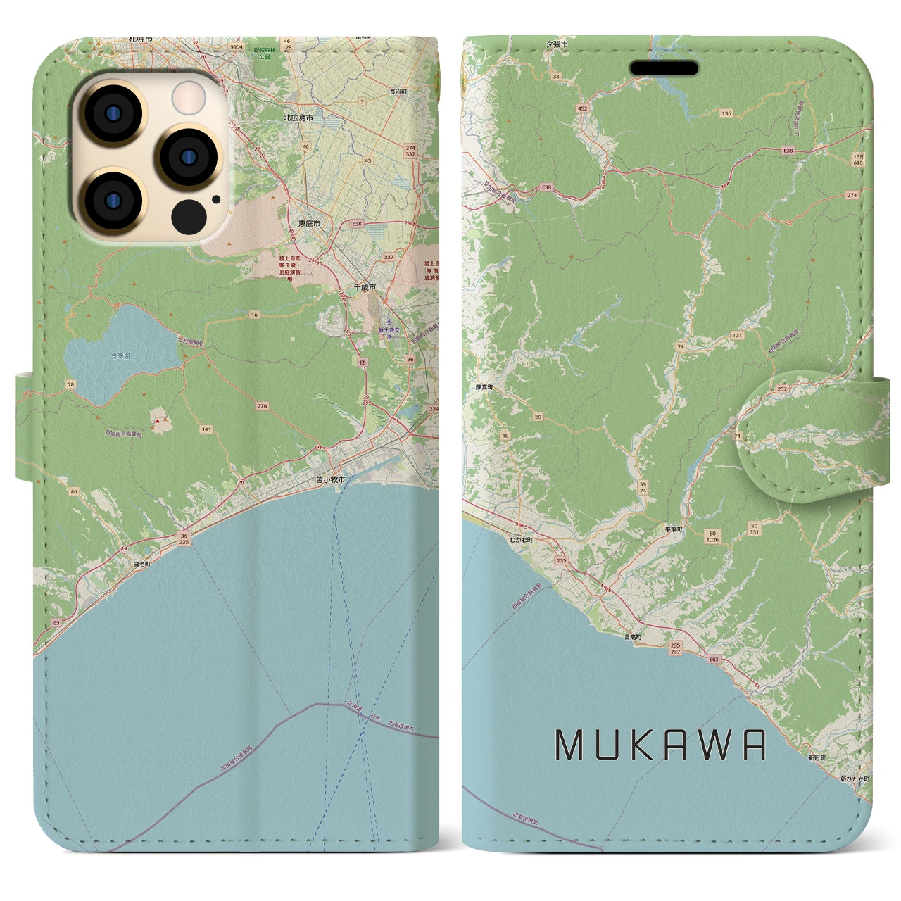 【むかわ(北海道)】地図柄iPhoneケース(手帳タイプ)