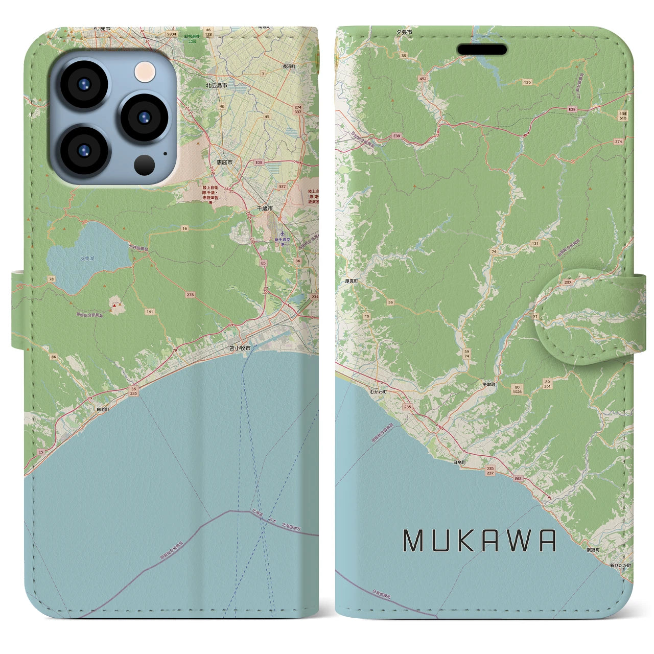 【むかわ(北海道)】地図柄iPhoneケース(手帳タイプ)