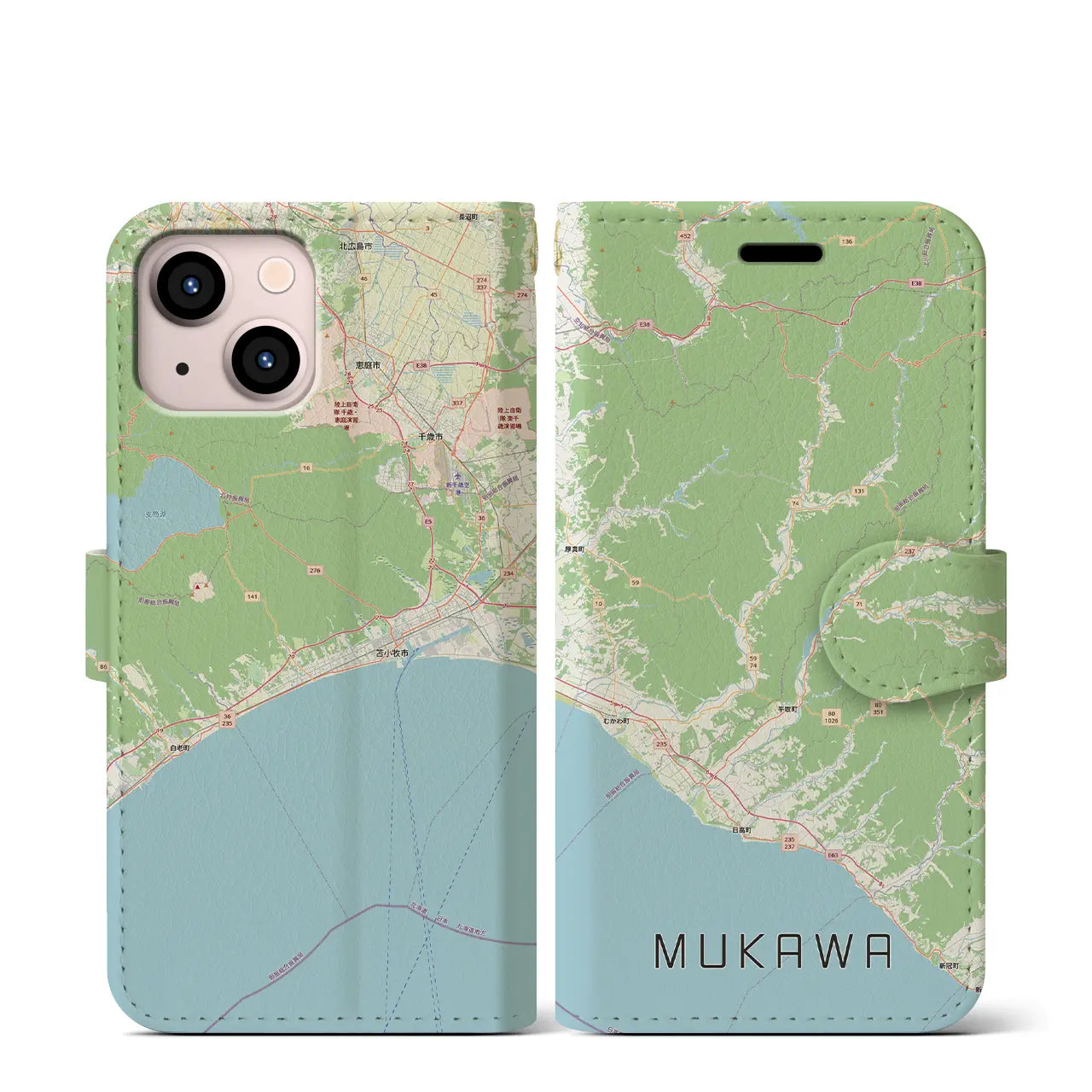 【むかわ(北海道)】地図柄iPhoneケース(手帳タイプ)