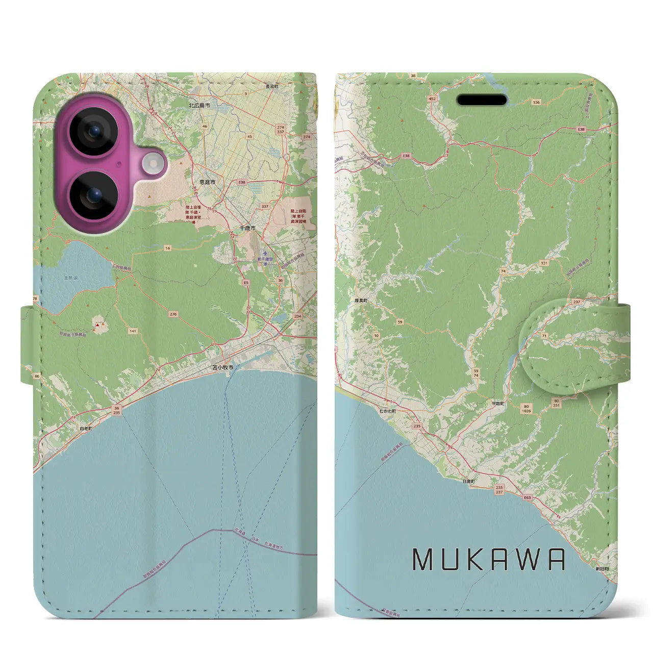 【むかわ(北海道)】地図柄iPhoneケース(手帳タイプ)