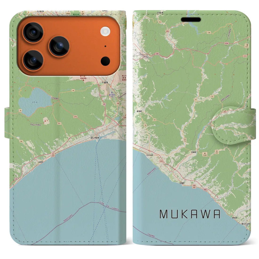 【むかわ(北海道)】地図柄iPhoneケース(手帳タイプ)モノトーン・iPhone 17 Pro Max 用