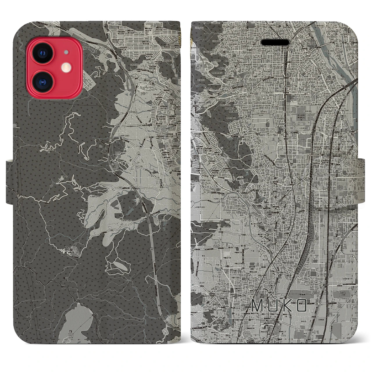 【向日(京都府)】地図柄iPhoneケース(手帳タイプ)モノトーン・iPhone 11 用
