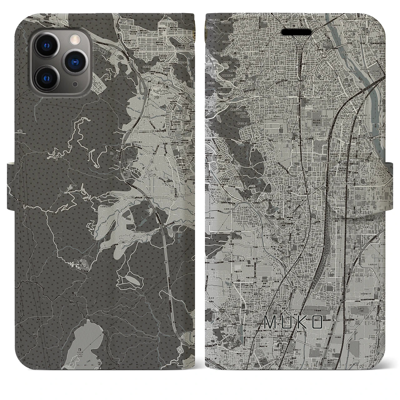 【向日(京都府)】地図柄iPhoneケース(手帳タイプ)モノトーン・iPhone 11 Pro Max 用
