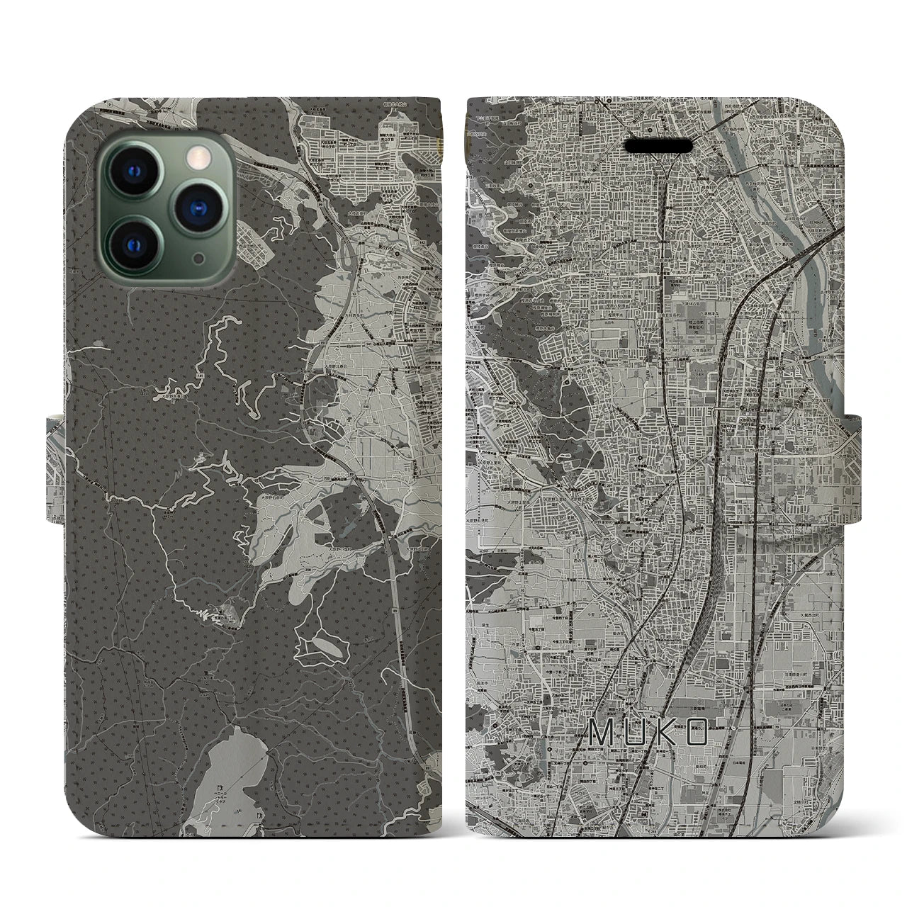 【向日(京都府)】地図柄iPhoneケース(手帳タイプ)モノトーン・iPhone 11 Pro 用