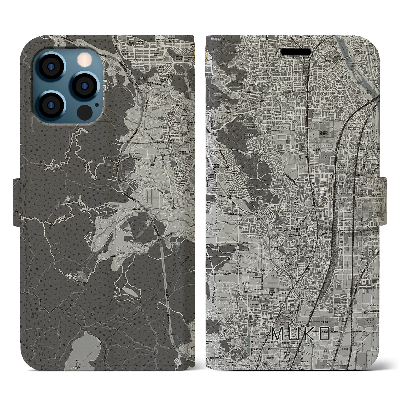 【向日(京都府)】地図柄iPhoneケース(手帳タイプ)モノトーン・iPhone 12 / 12 Pro 用