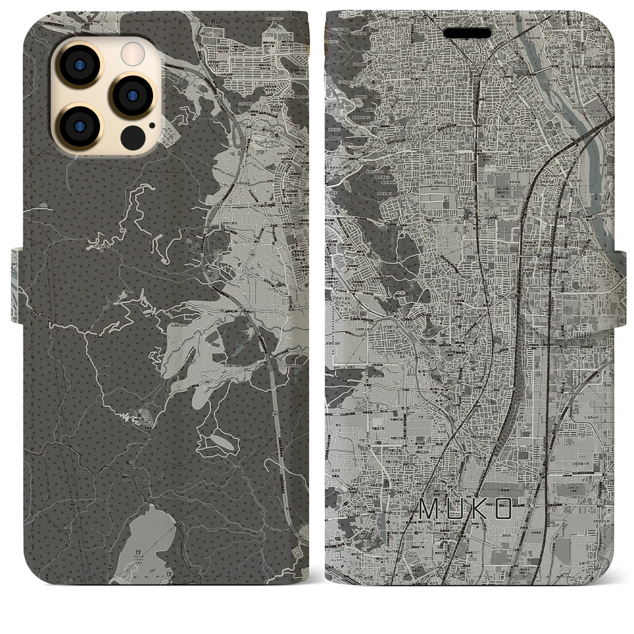 【向日(京都府)】地図柄iPhoneケース(手帳タイプ)モノトーン・iPhone 12 Pro Max 用