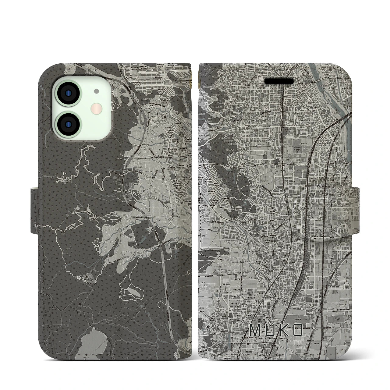 【向日(京都府)】地図柄iPhoneケース(手帳タイプ)モノトーン・iPhone 12 mini 用