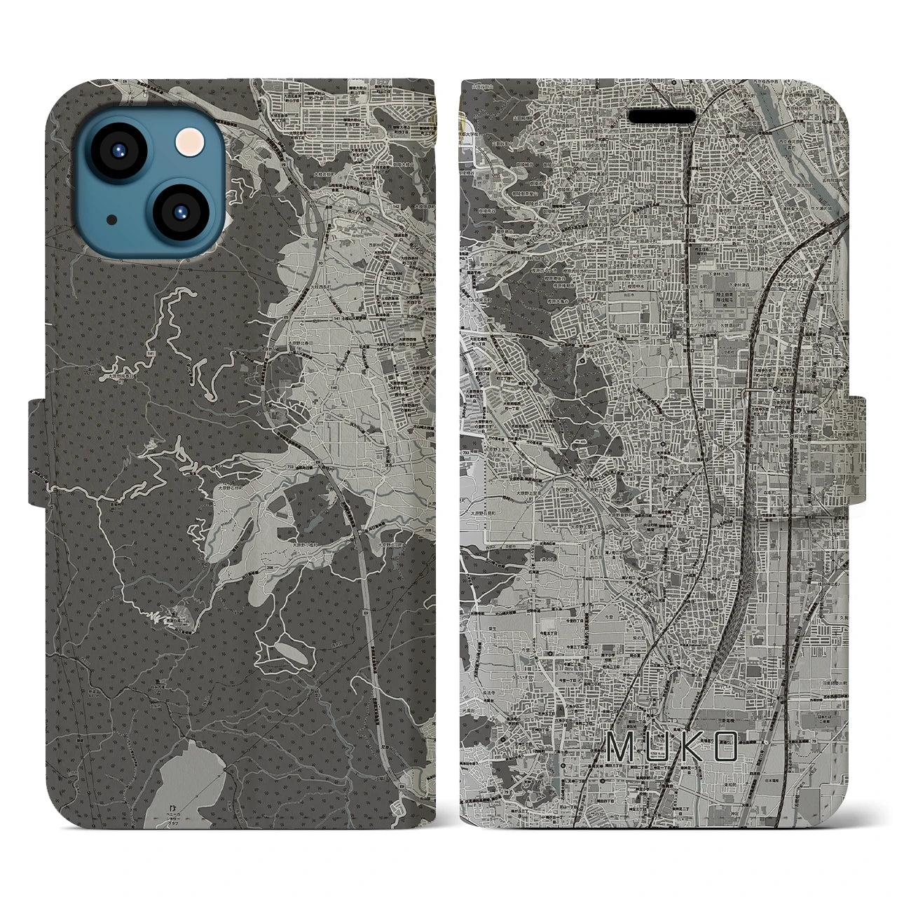 【向日(京都府)】地図柄iPhoneケース(手帳タイプ)モノトーン・iPhone 13 用