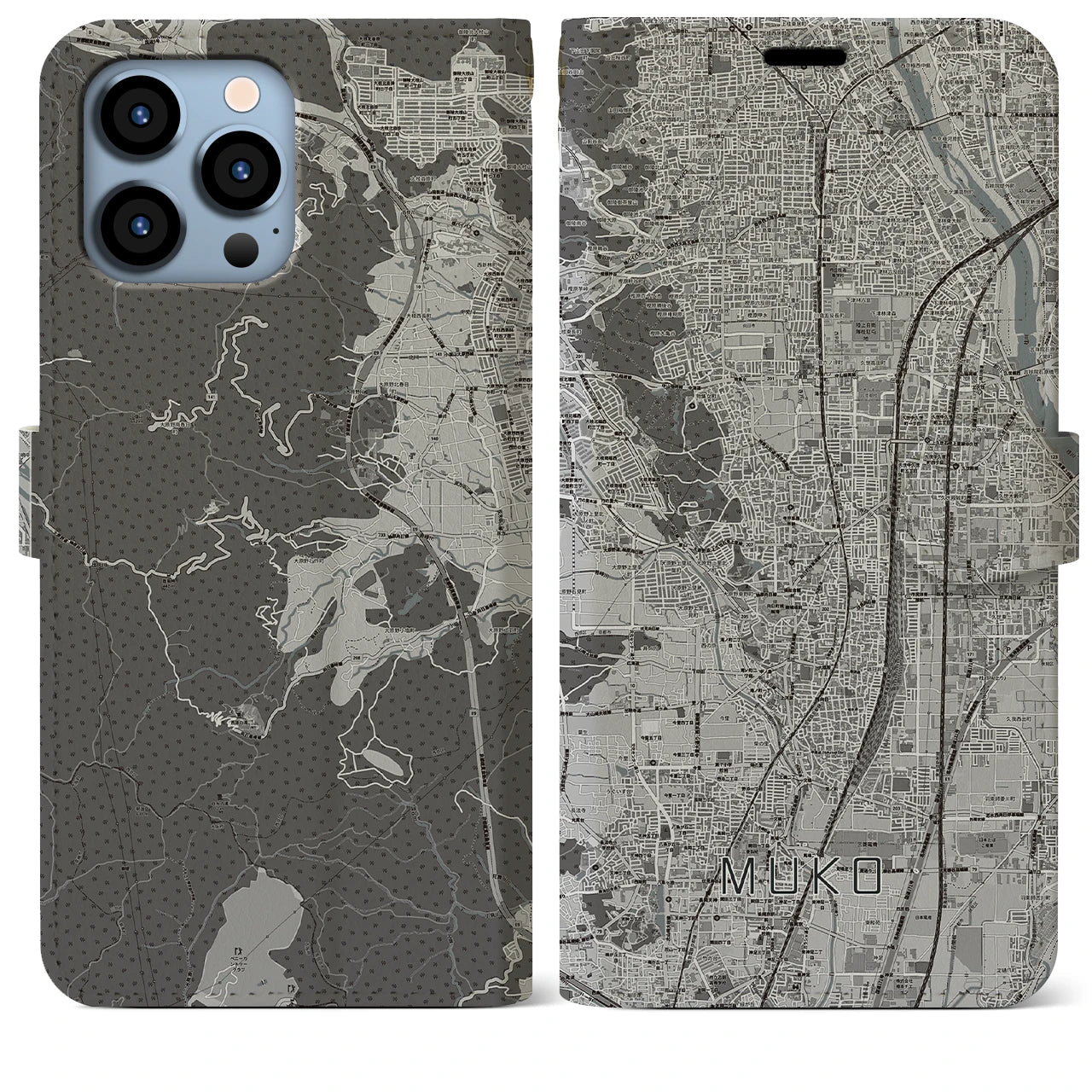 【向日(京都府)】地図柄iPhoneケース(手帳タイプ)モノトーン・iPhone 13 Pro Max 用