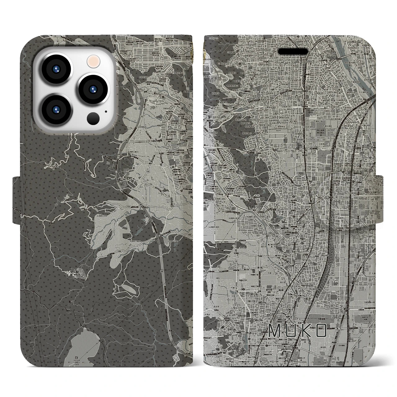 【向日(京都府)】地図柄iPhoneケース(手帳タイプ)モノトーン・iPhone 13 Pro 用
