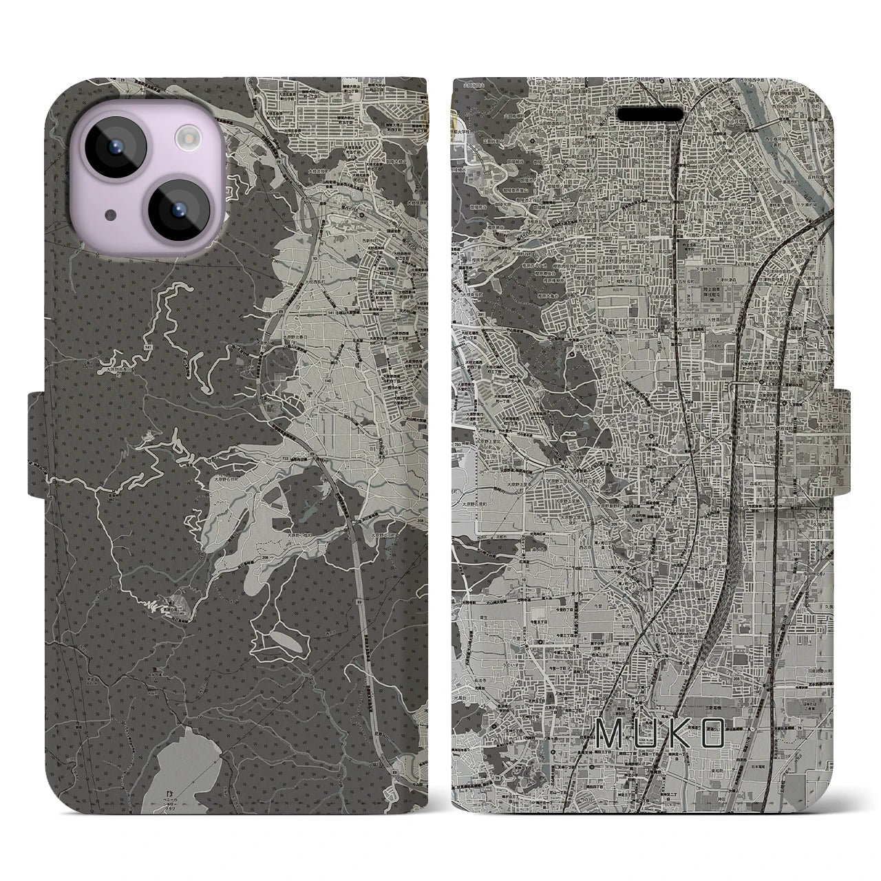 【向日(京都府)】地図柄iPhoneケース(手帳タイプ)モノトーン・iPhone 14 用