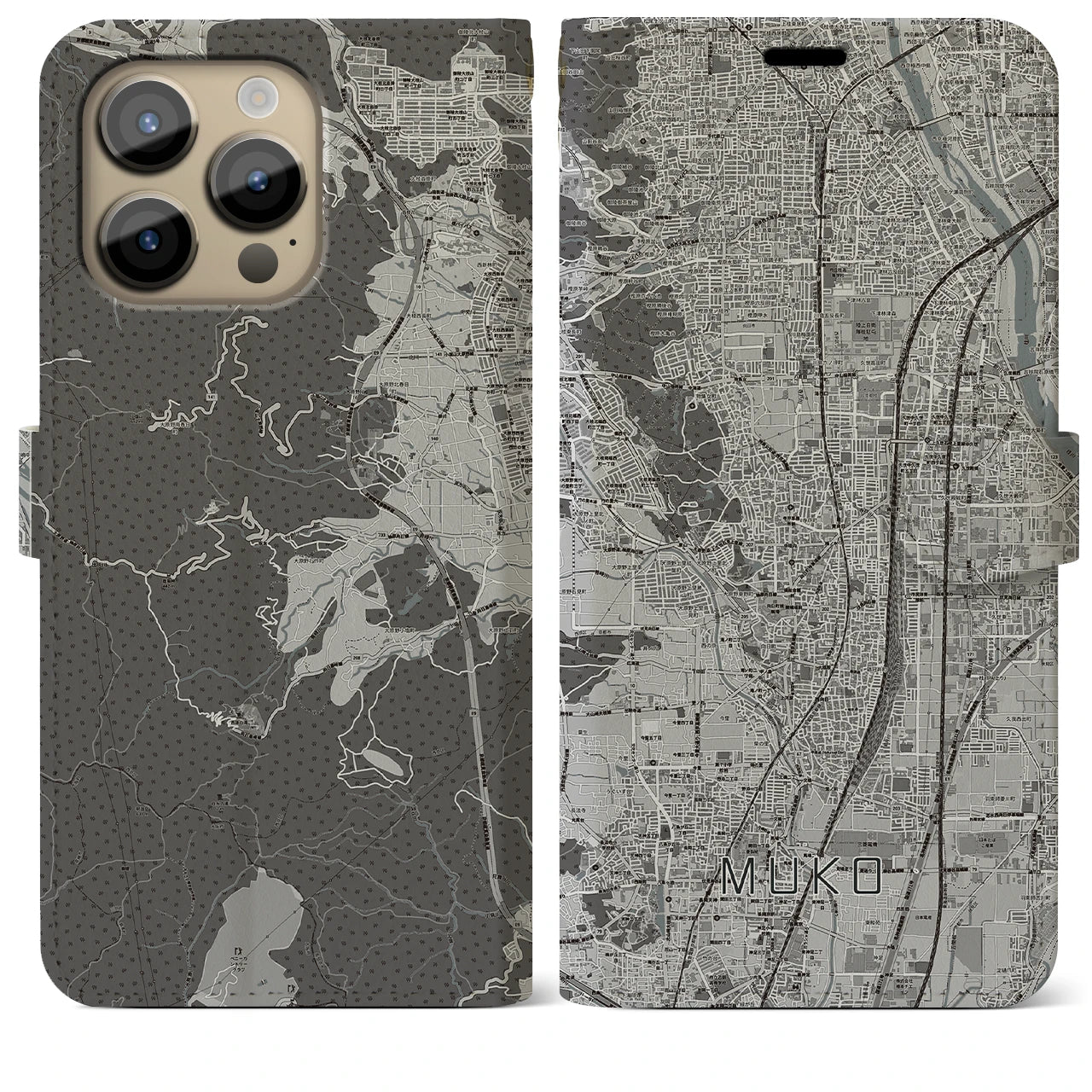 【向日(京都府)】地図柄iPhoneケース(手帳タイプ)モノトーン・iPhone 14 Pro Max 用