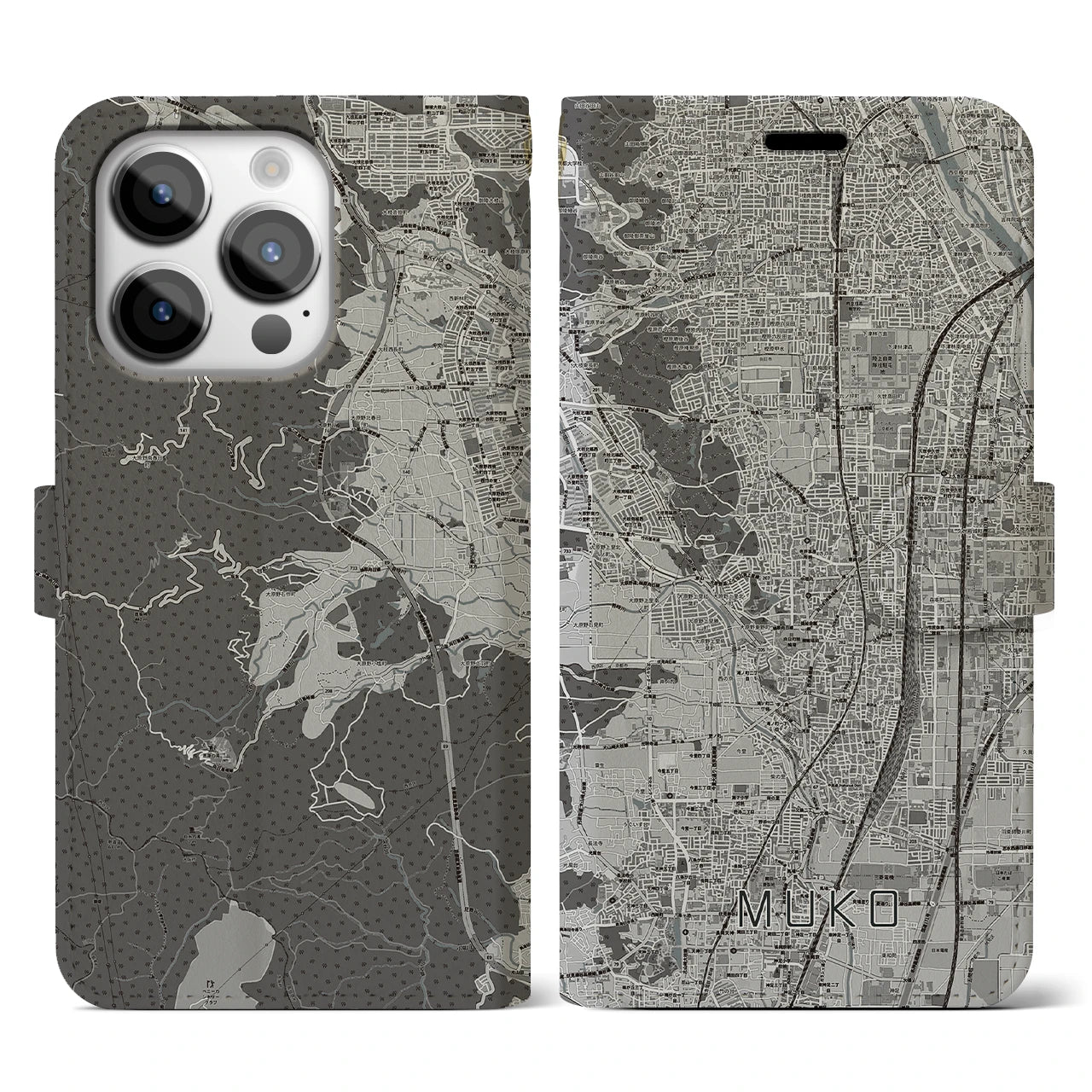 【向日(京都府)】地図柄iPhoneケース(手帳タイプ)モノトーン・iPhone 14 Pro 用