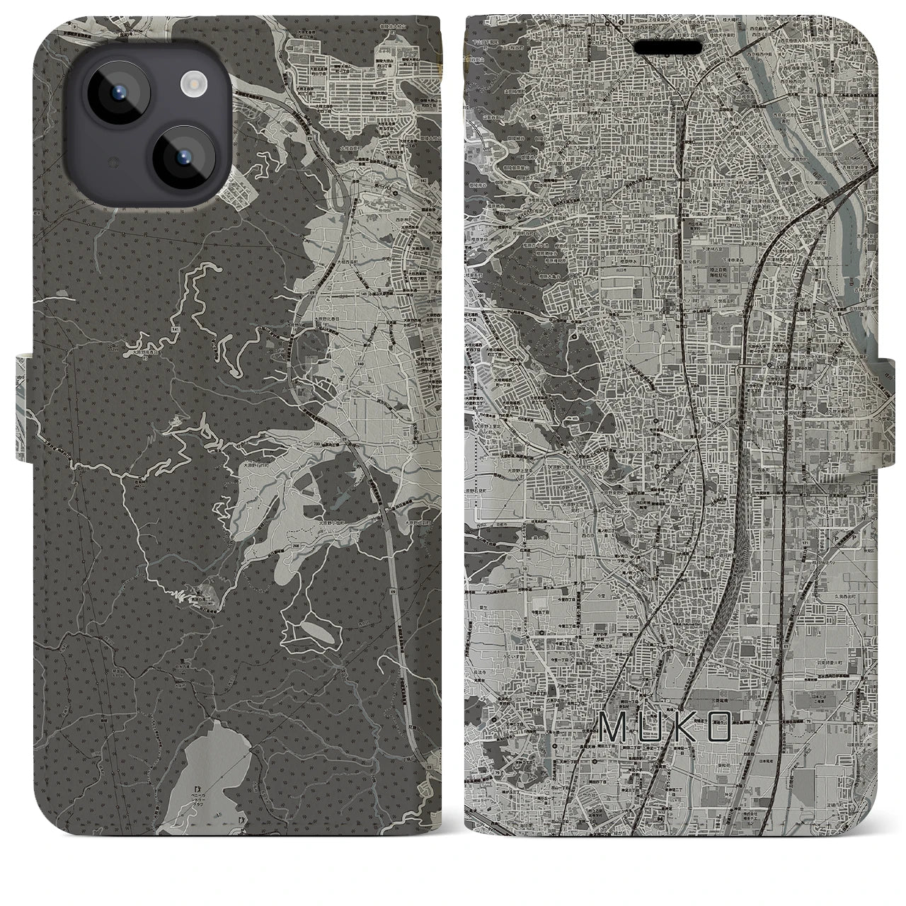 【向日(京都府)】地図柄iPhoneケース(手帳タイプ)モノトーン・iPhone 14 Plus 用
