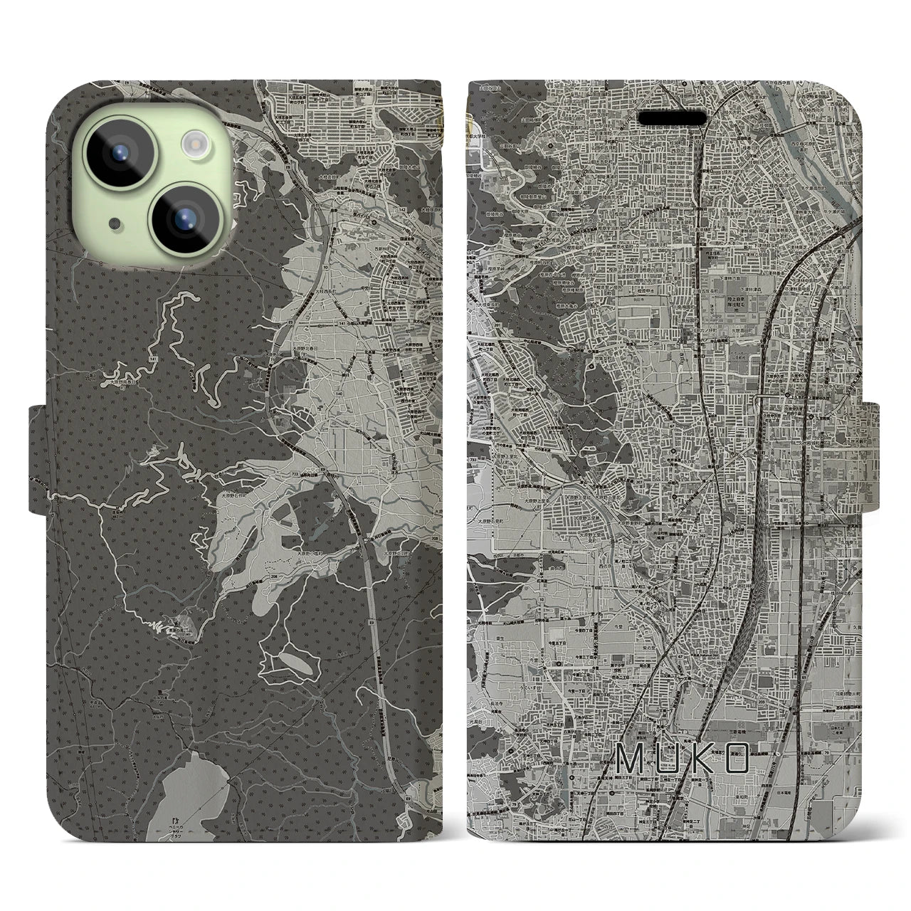 【向日(京都府)】地図柄iPhoneケース(手帳タイプ)モノトーン・iPhone 15 用