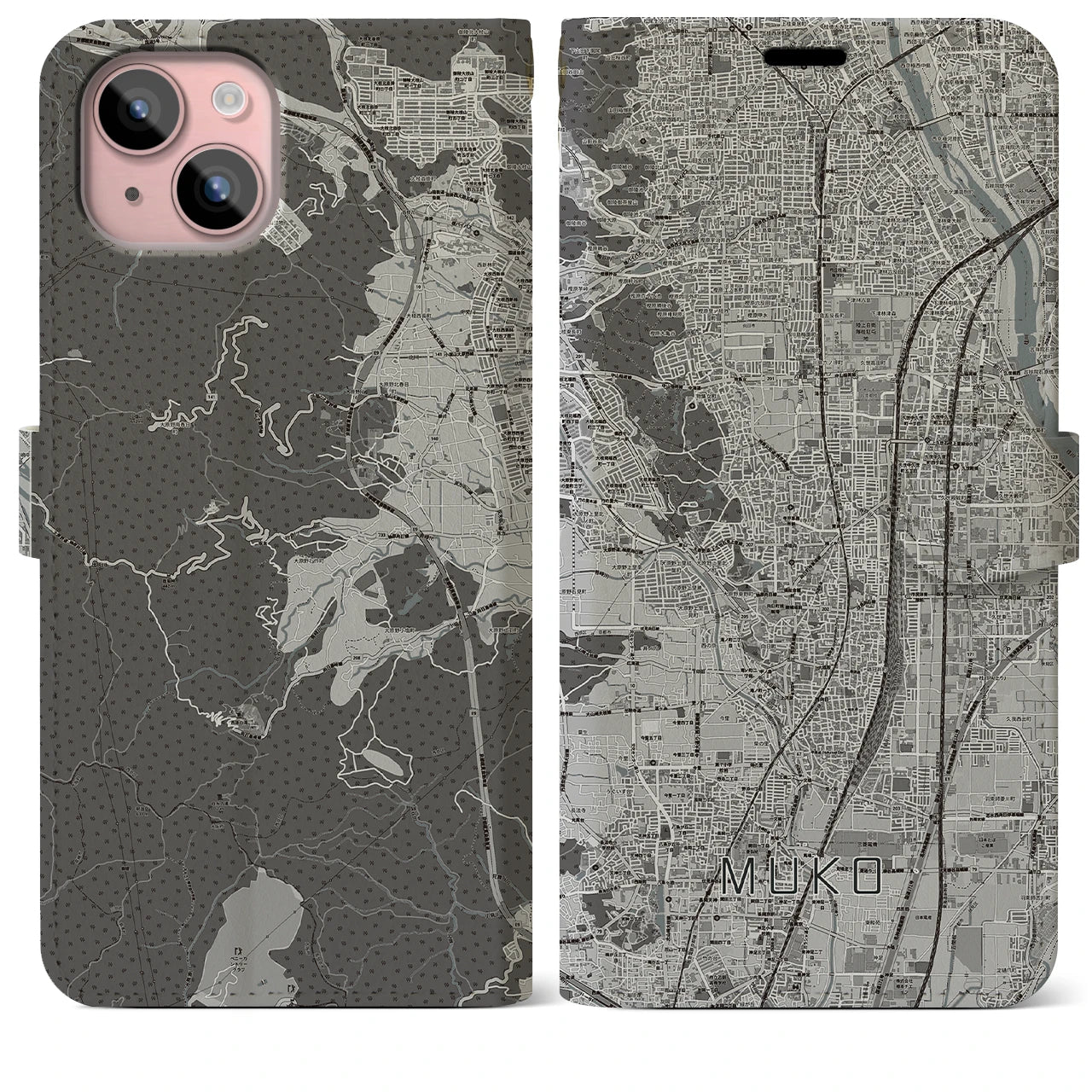 【向日(京都府)】地図柄iPhoneケース(手帳タイプ)モノトーン・iPhone 15 Plus 用