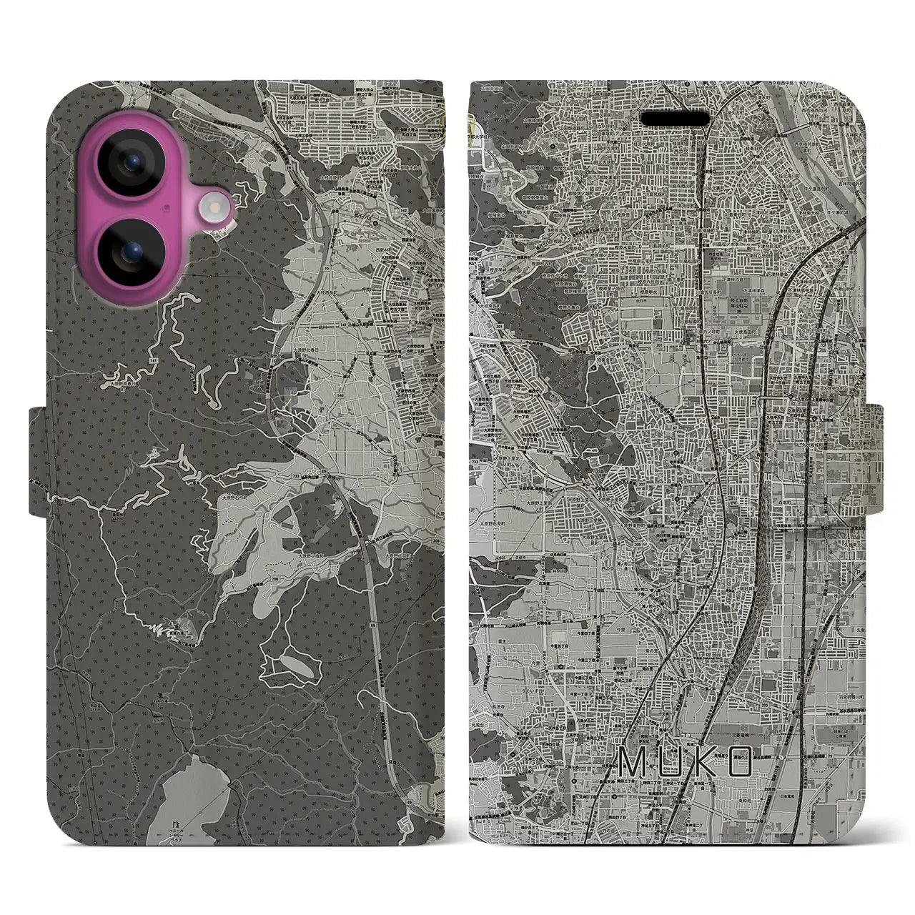【向日(京都府)】地図柄iPhoneケース(手帳タイプ)モノトーン・iPhone 16 Pro 用