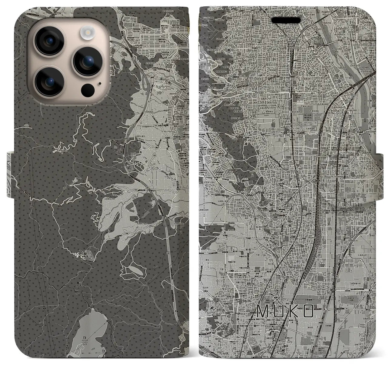 【向日(京都府)】地図柄iPhoneケース(手帳タイプ)モノトーン・iPhone 16 Plus 用