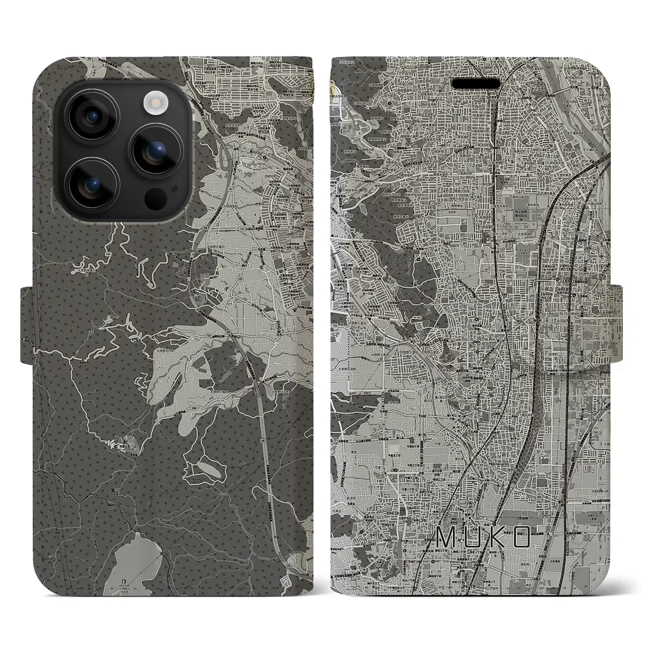【向日(京都府)】地図柄iPhoneケース(手帳タイプ)モノトーン・iPhone 16 用