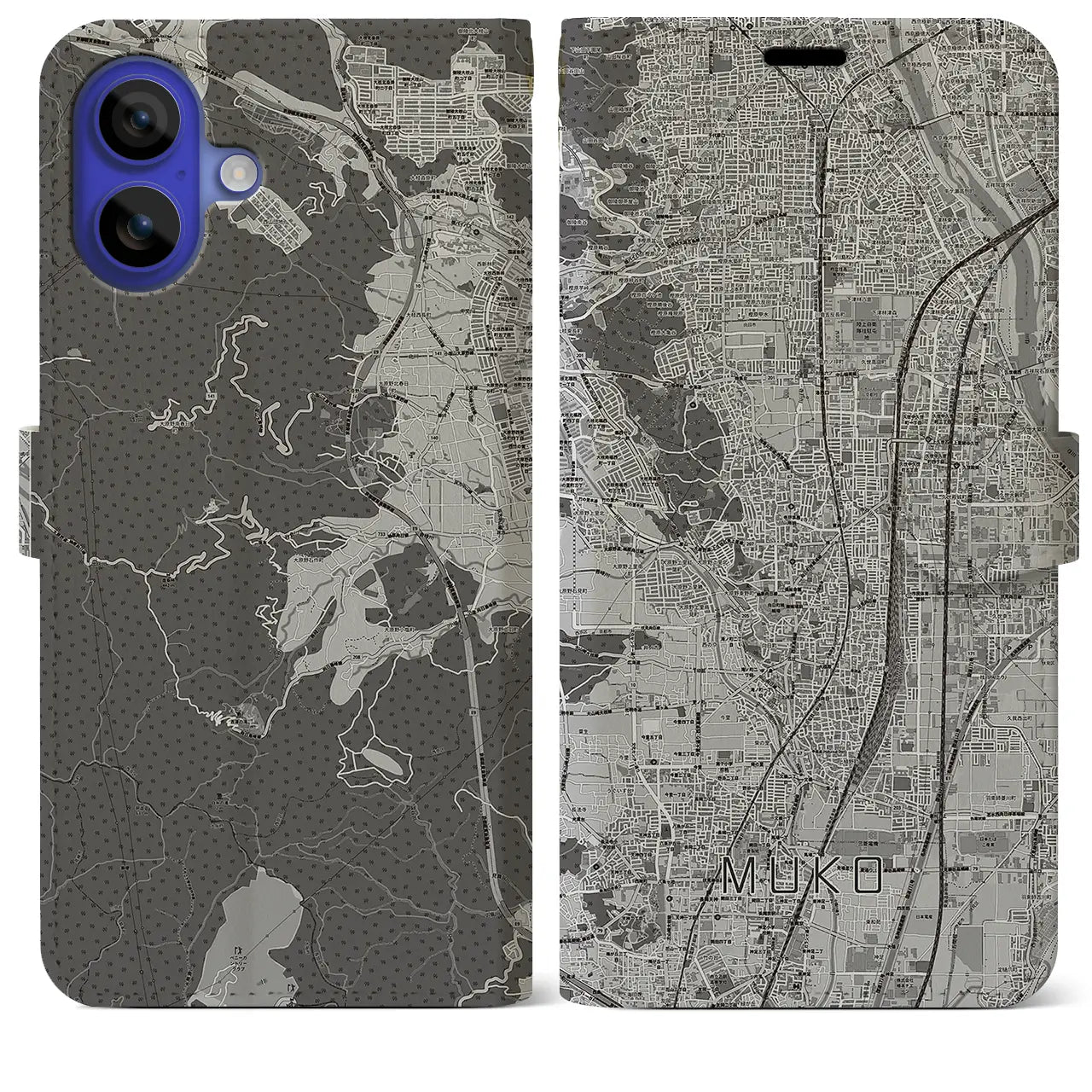 【向日(京都府)】地図柄iPhoneケース(手帳タイプ)モノトーン・iPhone 16 Pro Max 用