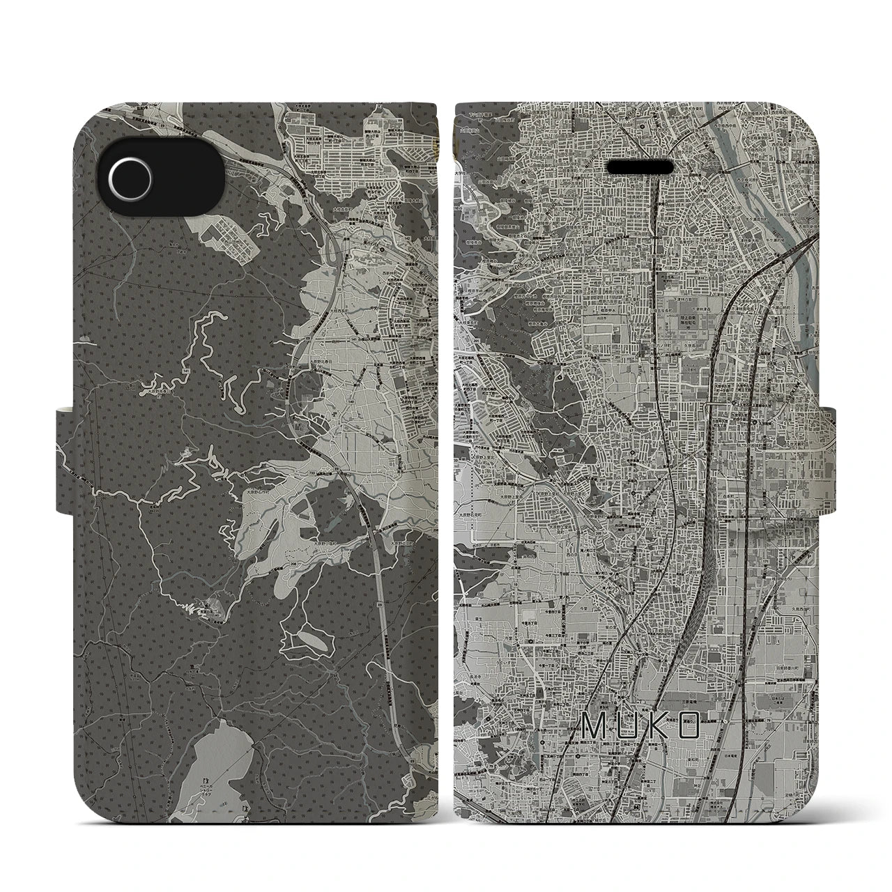 【向日(京都府)】地図柄iPhoneケース(手帳タイプ)モノトーン・iPhone SE(第3 / 第2世代) / 8 / 7 / 6s / 6 用