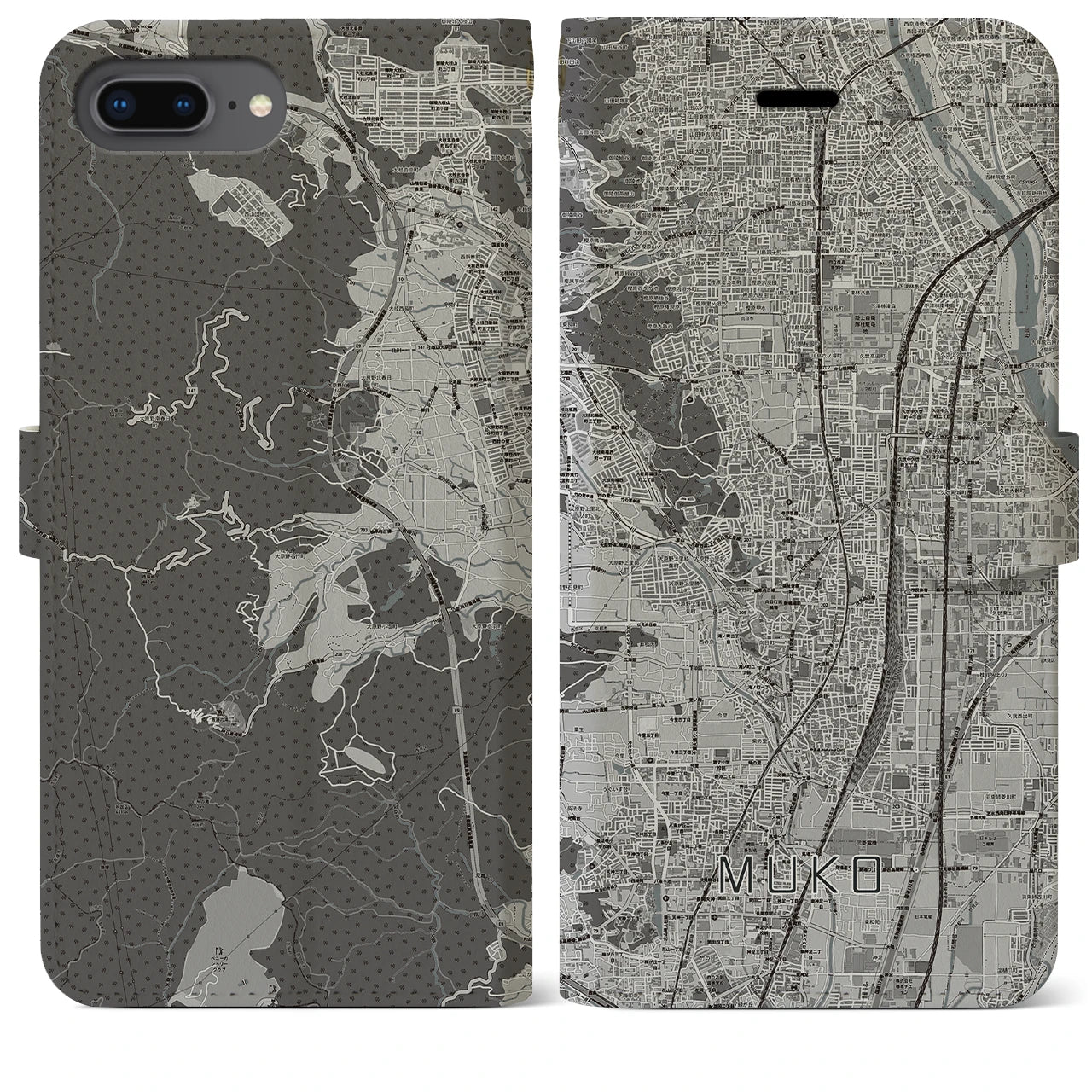 【向日(京都府)】地図柄iPhoneケース(手帳タイプ)モノトーン・iPhone 8Plus /7Plus / 6sPlus / 6Plus 用