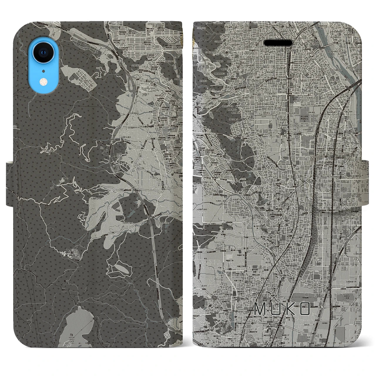 【向日(京都府)】地図柄iPhoneケース(手帳タイプ)モノトーン・iPhone XR 用