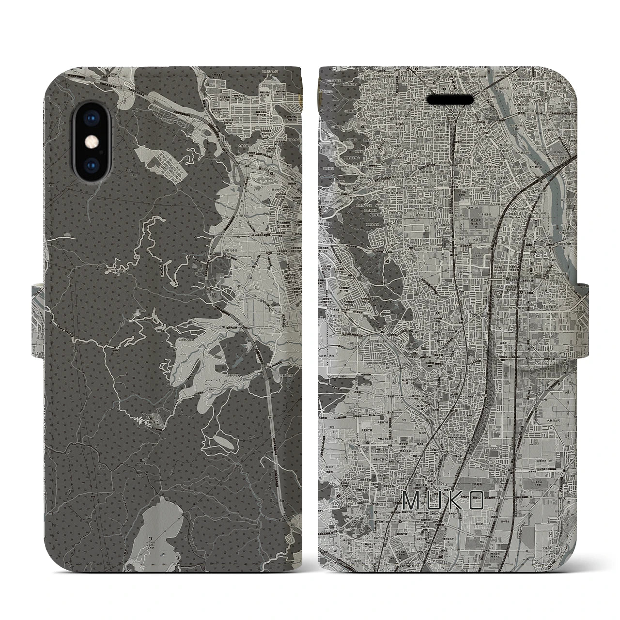 【向日(京都府)】地図柄iPhoneケース(手帳タイプ)モノトーン・iPhone XS / X 用