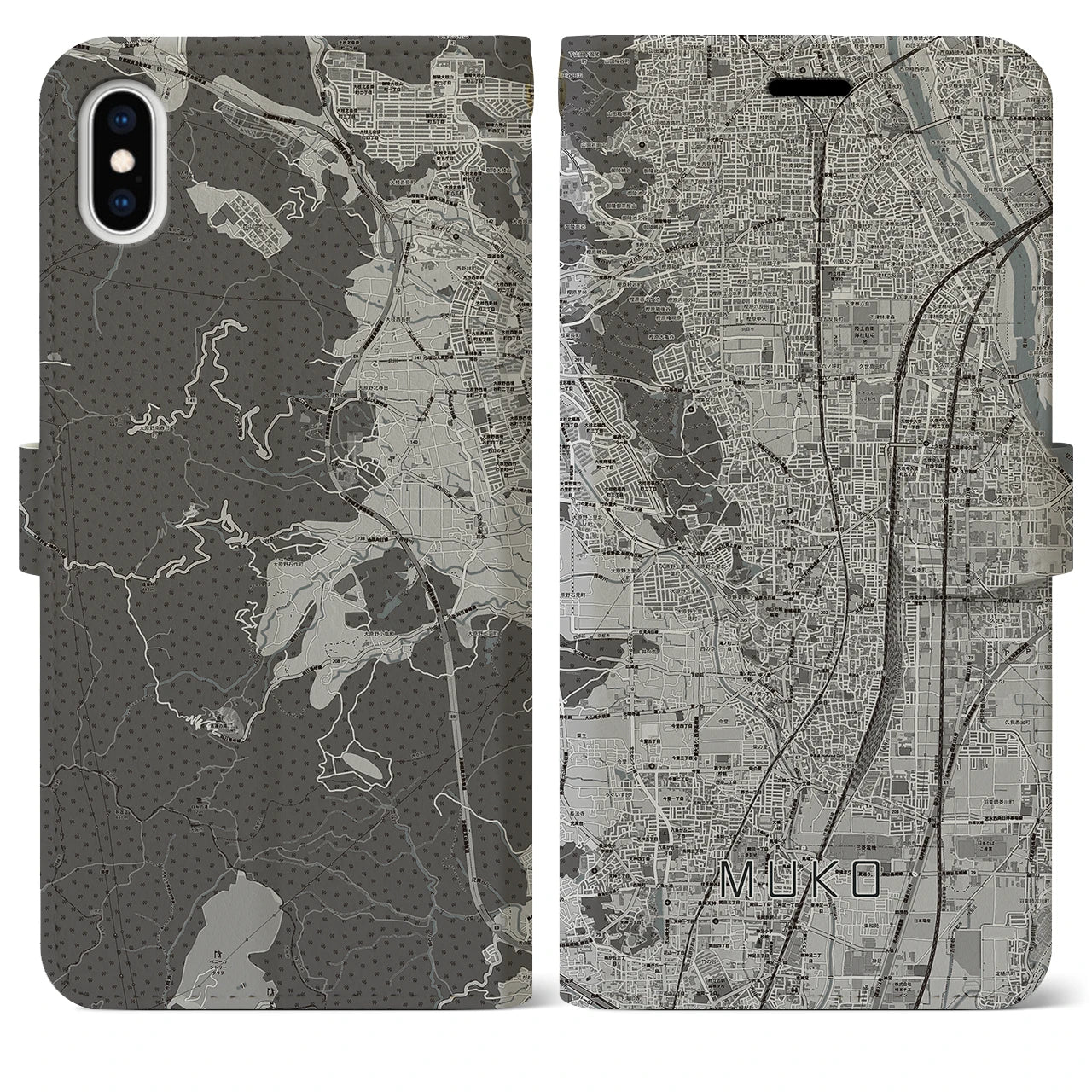 【向日(京都府)】地図柄iPhoneケース(手帳タイプ)モノトーン・iPhone XS Max 用