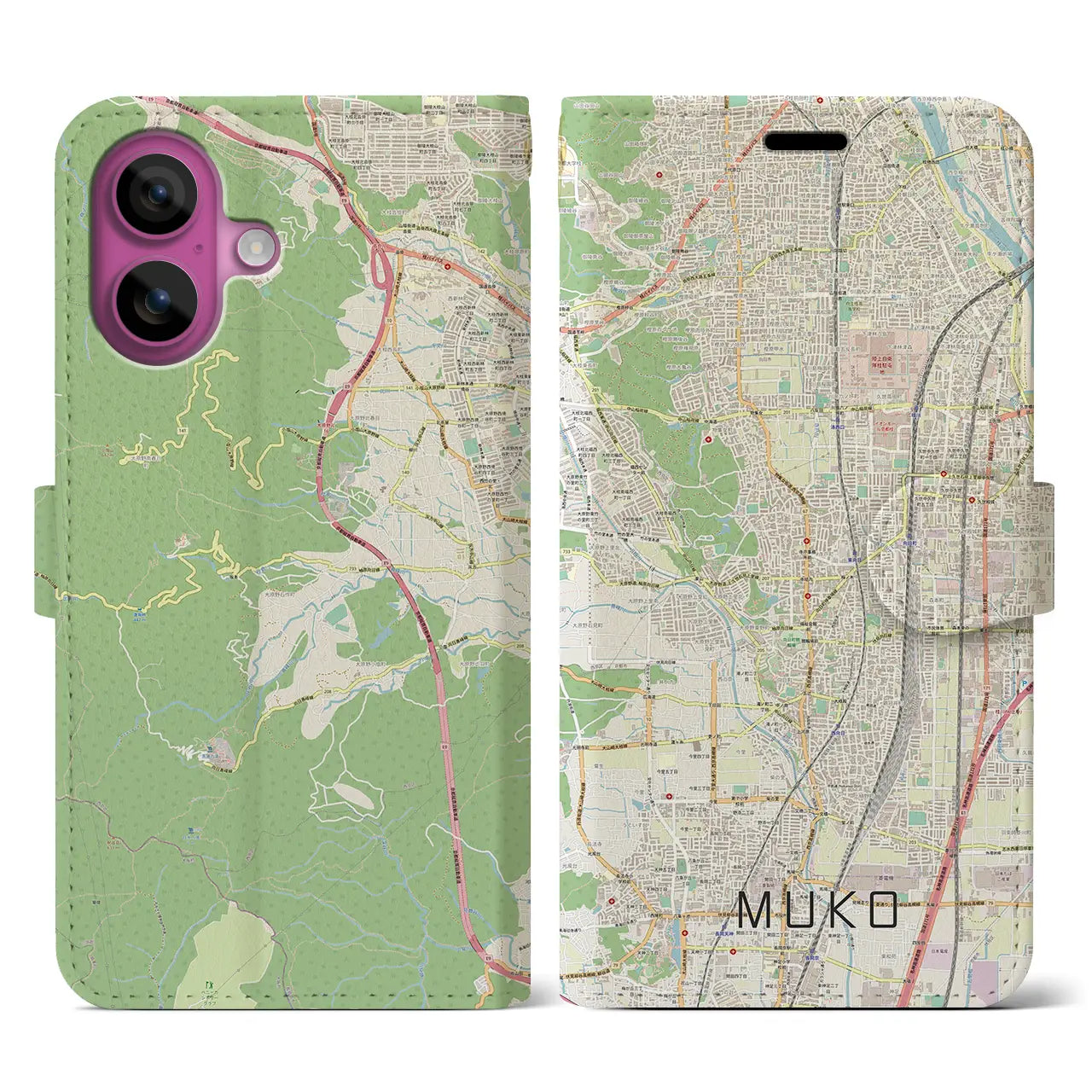 【向日(京都府)】地図柄iPhoneケース(手帳タイプ)ナチュラル・iPhone 16 Pro 用