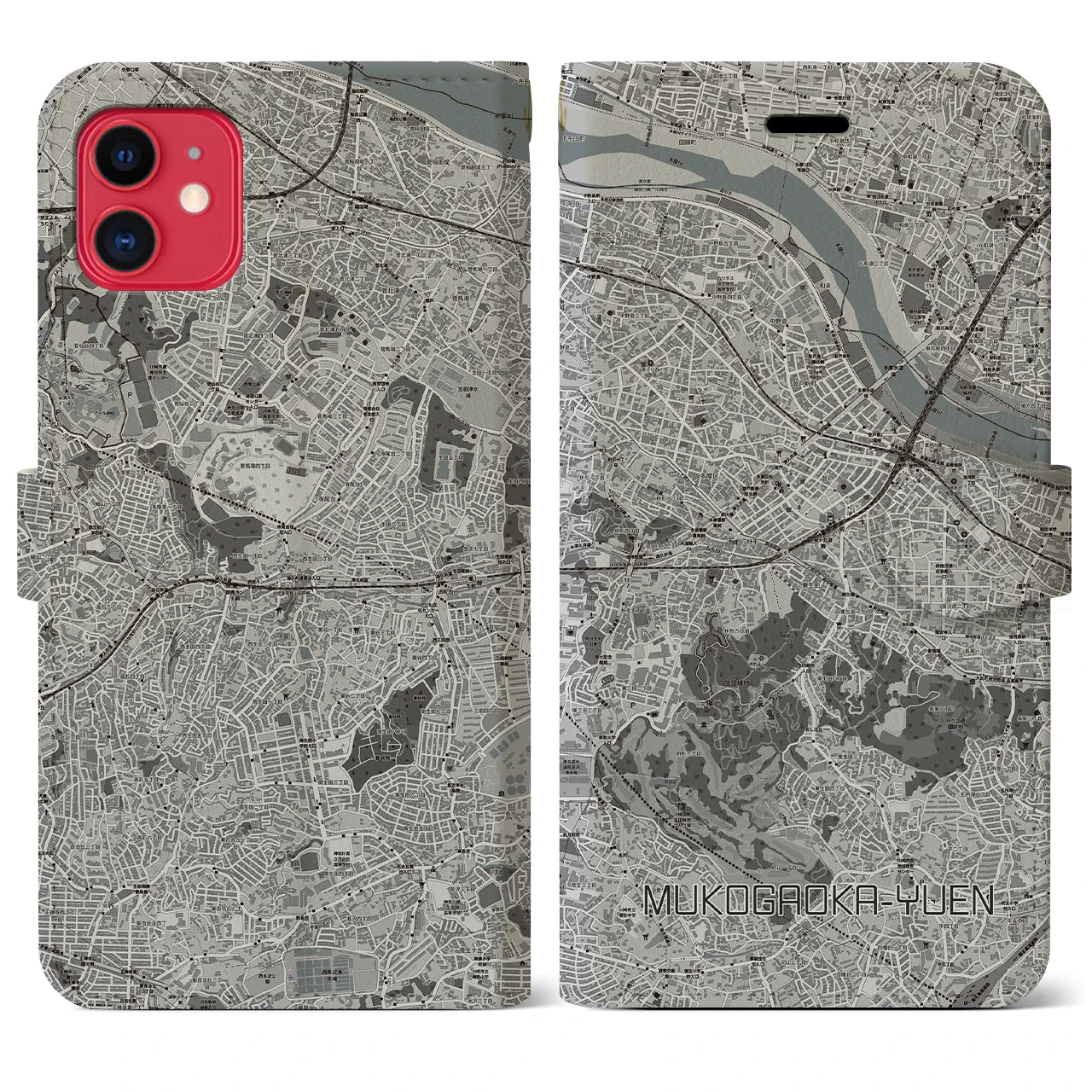 【向ヶ丘遊園(神奈川県)】地図柄iPhoneケース(手帳タイプ)モノトーン・iPhone 11 用