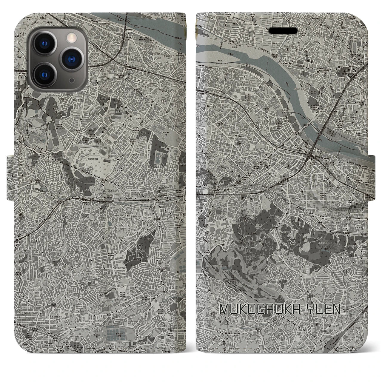 【向ヶ丘遊園(神奈川県)】地図柄iPhoneケース(手帳タイプ)モノトーン・iPhone 11 Pro Max 用