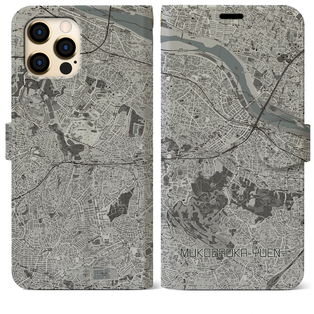 【向ヶ丘遊園(神奈川県)】地図柄iPhoneケース(手帳タイプ)モノトーン・iPhone 12 Pro Max 用