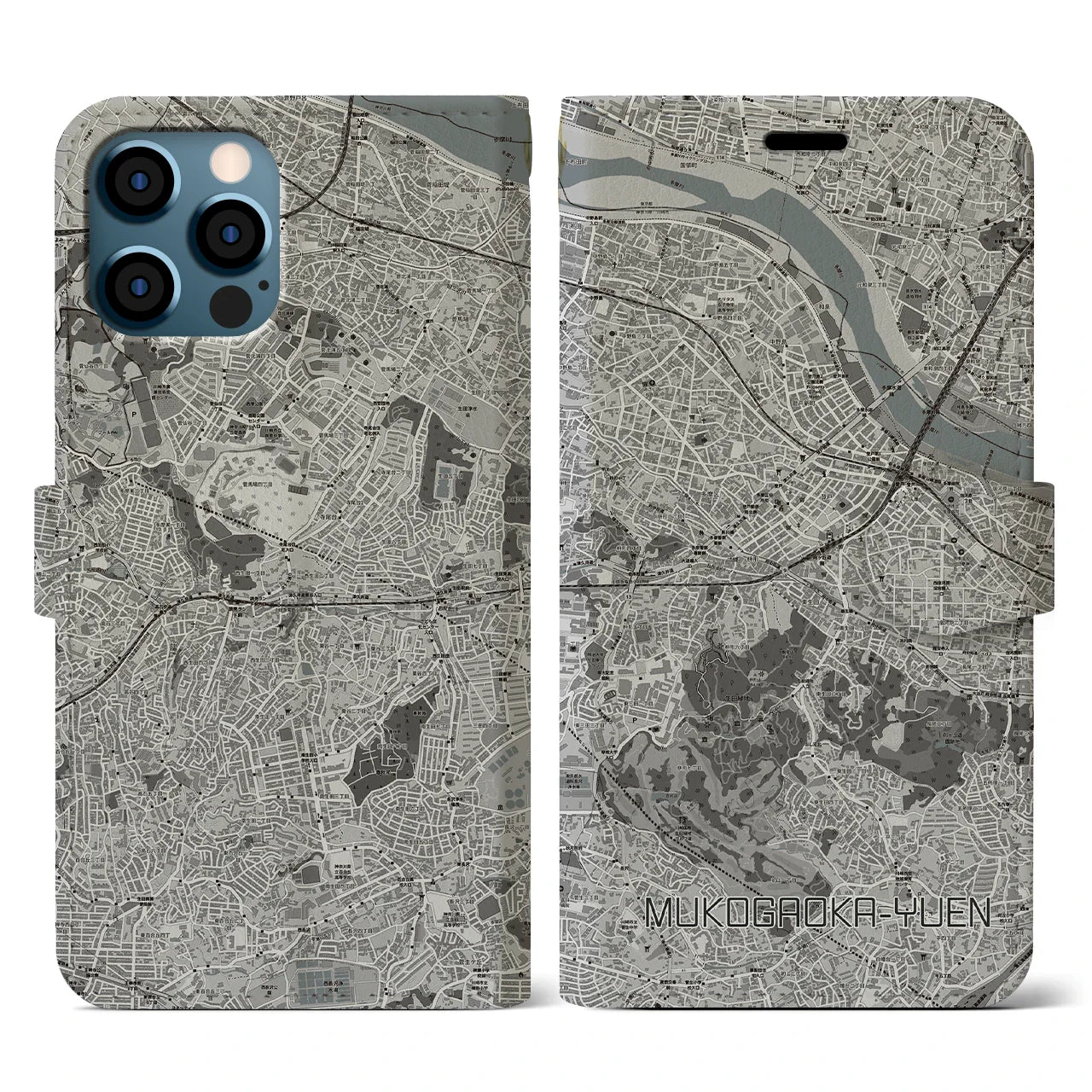 【向ヶ丘遊園(神奈川県)】地図柄iPhoneケース(手帳タイプ)モノトーン・iPhone 12 / 12 Pro 用