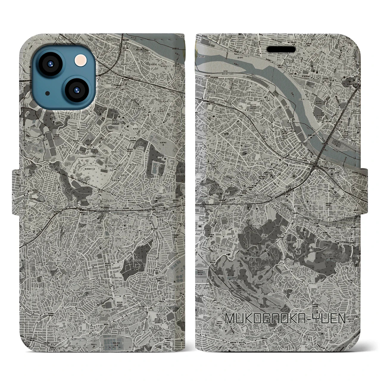 【向ヶ丘遊園(神奈川県)】地図柄iPhoneケース(手帳タイプ)モノトーン・iPhone 13 用