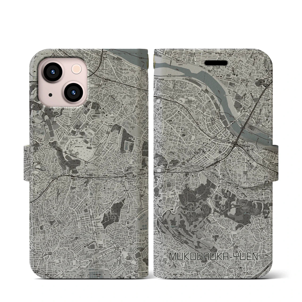 【向ヶ丘遊園(神奈川県)】地図柄iPhoneケース(手帳タイプ)モノトーン・iPhone 13 mini 用