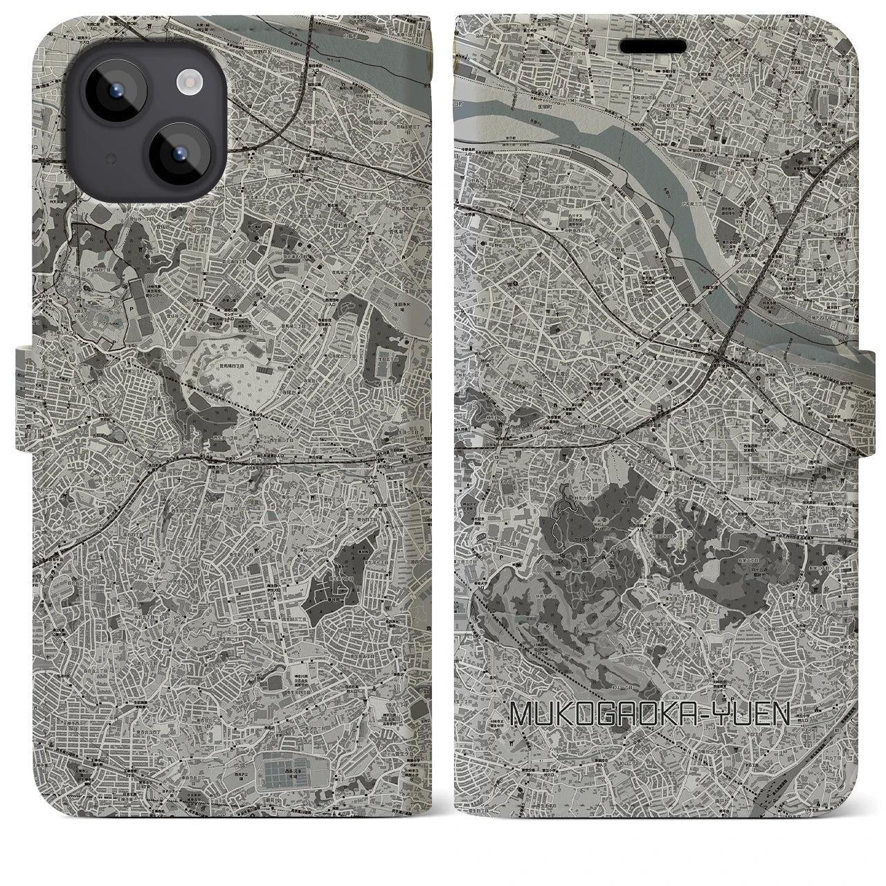 【向ヶ丘遊園(神奈川県)】地図柄iPhoneケース(手帳タイプ)モノトーン・iPhone 14 Plus 用