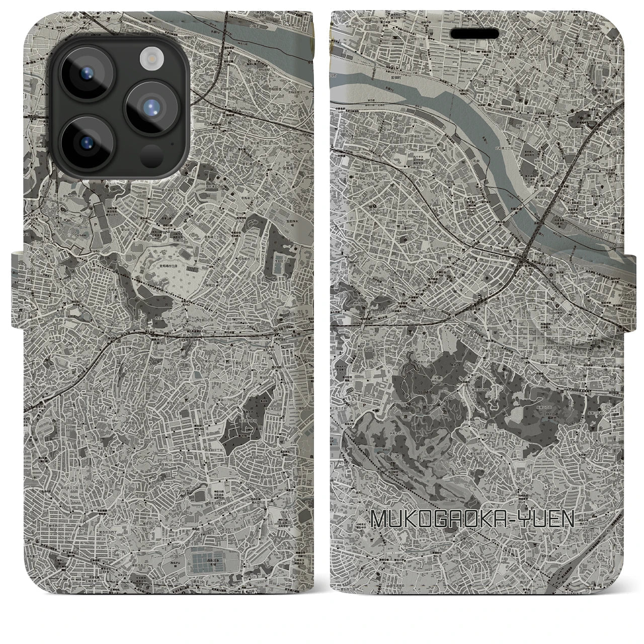 【向ヶ丘遊園(神奈川県)】地図柄iPhoneケース(手帳タイプ)モノトーン・iPhone 15 Pro Max 用