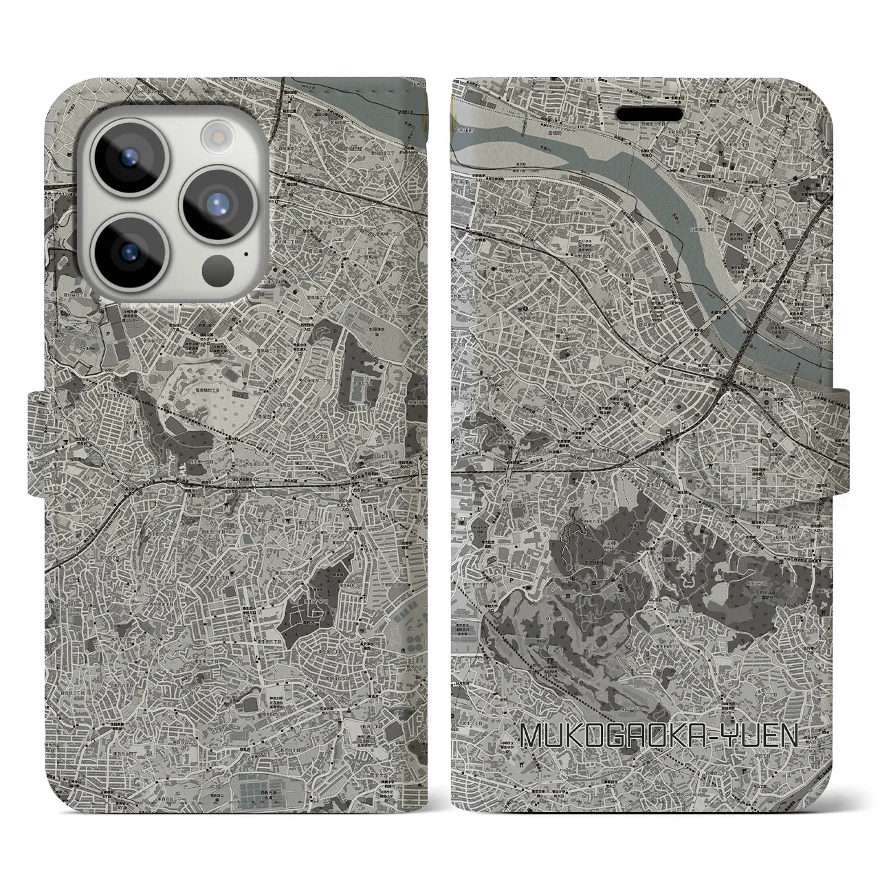 【向ヶ丘遊園(神奈川県)】地図柄iPhoneケース(手帳タイプ)モノトーン・iPhone 15 Pro 用