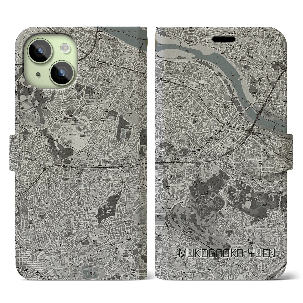 【向ヶ丘遊園(神奈川県)】地図柄iPhoneケース(手帳タイプ)モノトーン・iPhone 15 用